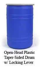 Open-head plastic taper-sided drum with locking lever